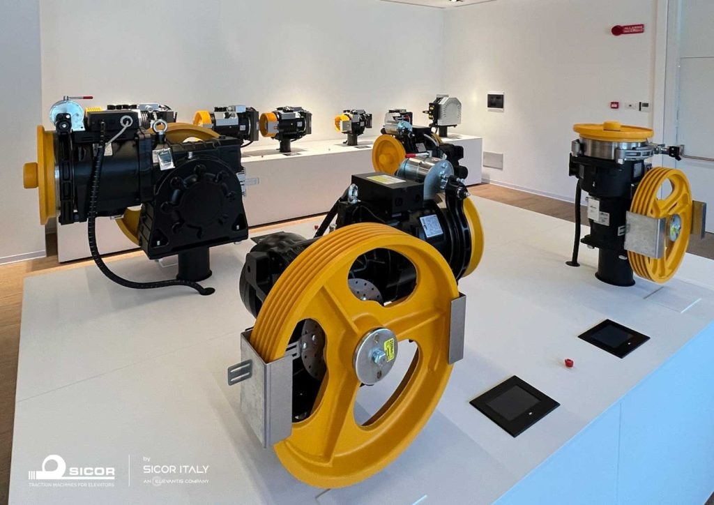Sicor elevator traction machines in an Italian showroom