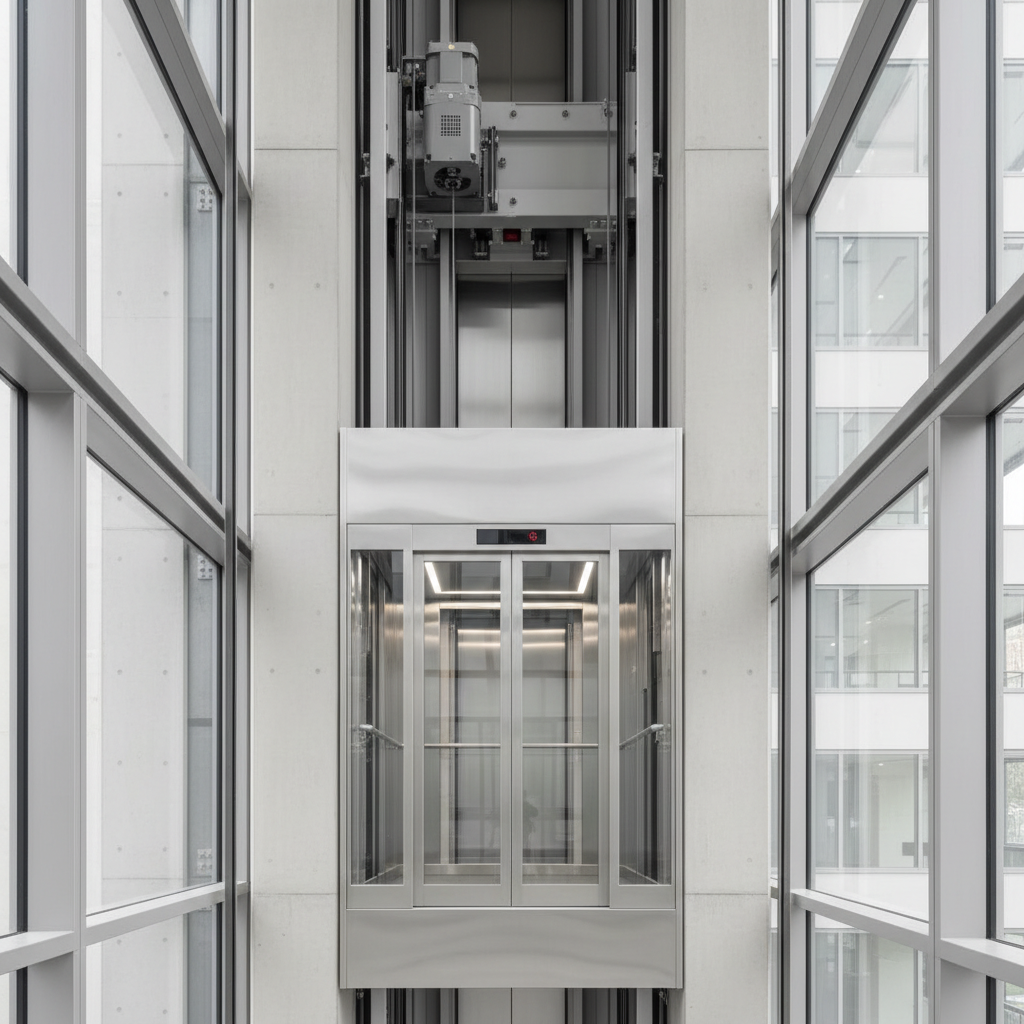 Al Rasco machine roomless (MRL) gearless traction elevator with panoramic glass doors in a commercial tower