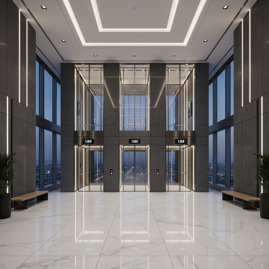 Premium commercial passenger elevator lobby installed by Al Rasco in a high-rise building in Dammam or Al Khobar