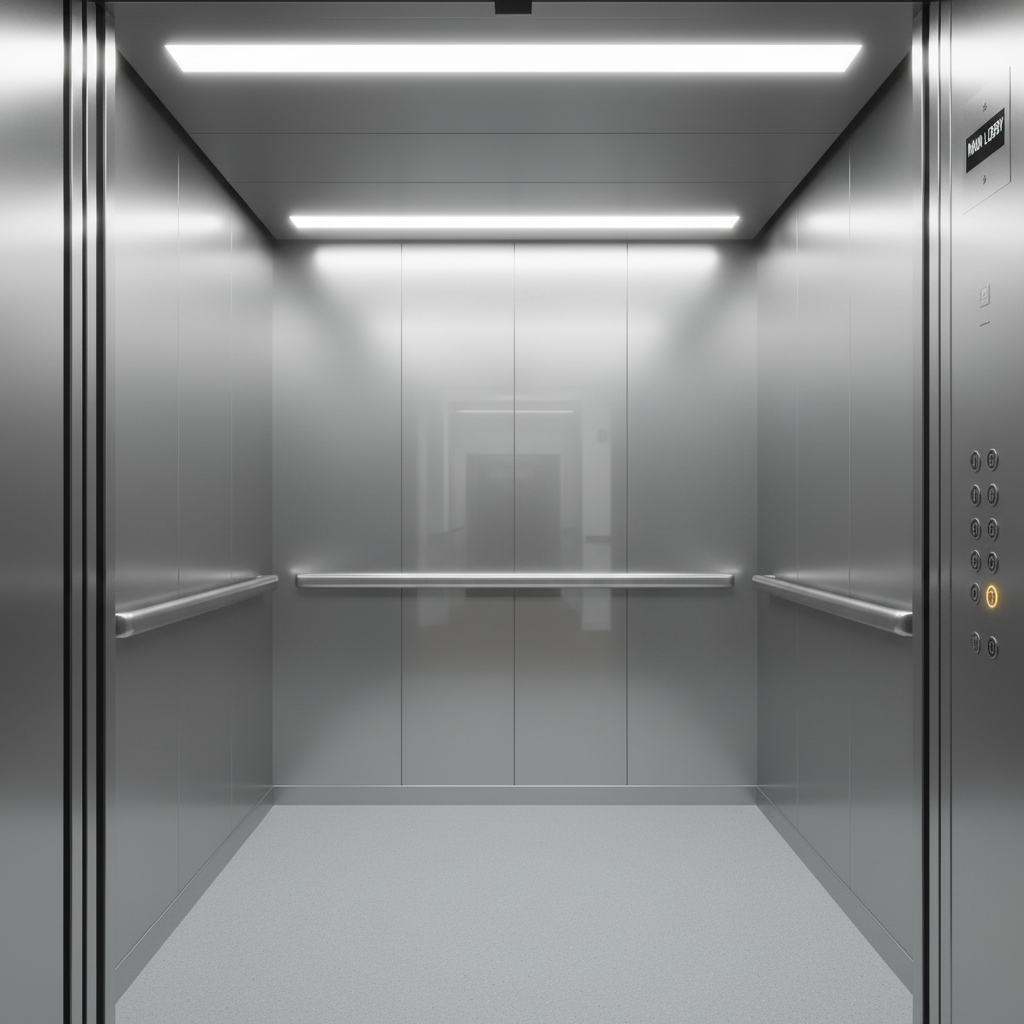 Al Rasco hospital-grade medical elevator — wide bariatric cab with stainless steel walls and clinical LED lighting